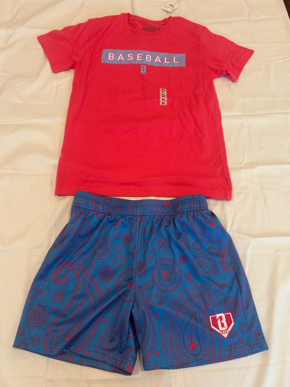 Kids Baseball Tee & Paisley Athletic Shorts Matching Set - Pink & Blue